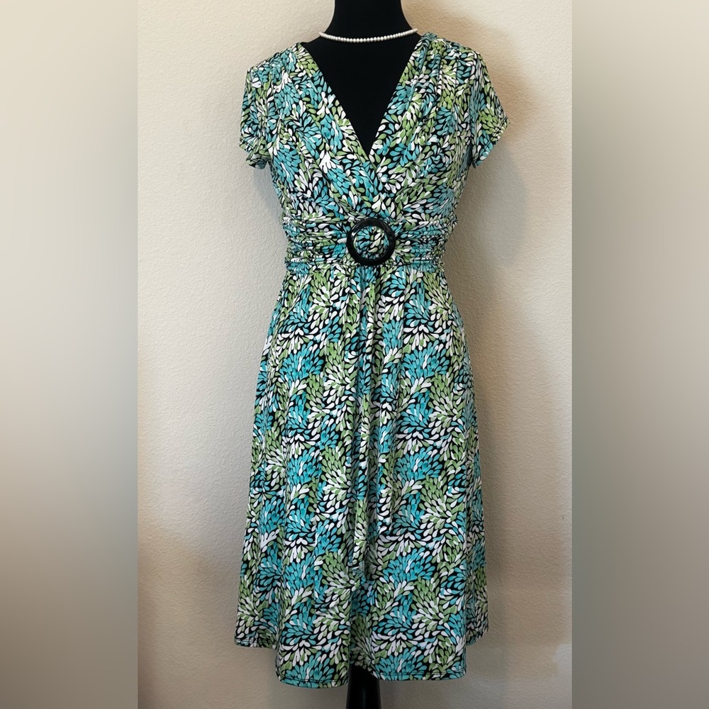 Studio I Leaf Pattern Spring Dress - Green & Blue 8 - Picture 2 of 8